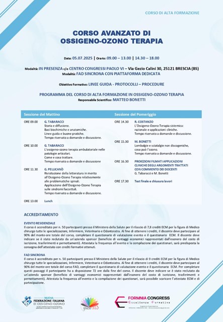 CORSO AVANZATO DI ALTA FORMAZIONE DI OSSIGENO-OZONO TERAPIA